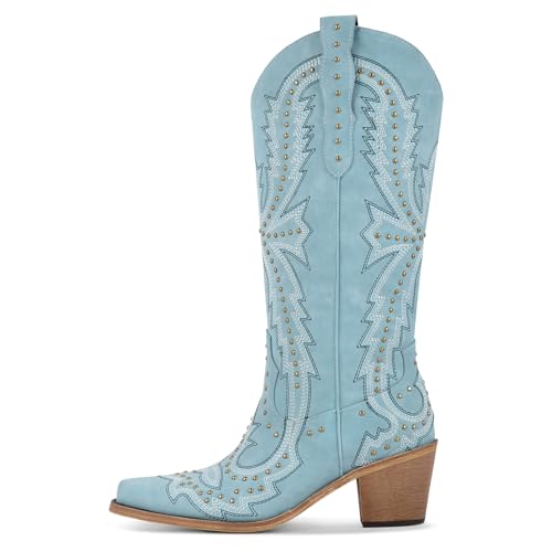 Richealnana Women's Cowgirl Round Roe Short Boots Embroidered Boots Chunky Heels2