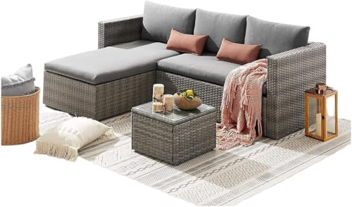 Image of Gantepein Rattan Sofa Garden Furniture Set 5 Piece 3 Seater Sofa 1 Ottoman Footstool Patio Outdoor Wicker Weave Lounge Sofa and Coffee Table Set (Grey)