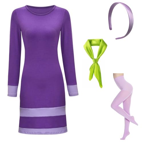 Womens Halloween Costume Set - Classic Cartoon Character Cosplay Outfit with Purple Dress, Green Scarf, Headband, Leggings