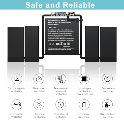 A1819 A1706 Laptop-Akku, 49,2 Wh, Ersatz für A1819 MacBook Pro 13 Zoll A1706 Ende 2016 Mitte 2017, EMC 3071 3163 MLH12LL/A MNQG2LL/A MNQF2LL/A MLVP2LL/A MPA XV2LL/A. 11,41 V, 4314 mAh