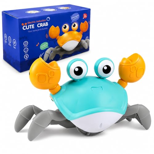 SHAHNARO Crawling Crab Baby Toy Interactive Electric Toy for Baby & Toddlers with Music & LED Lights | Tummy Time Moving Crab Toy with Obstacle Avoidance | Rechargeable Green/Yellow