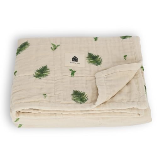 Image of House of Elia 100% Organic Cotton Muslin Blanket | GOTS Certified 4-Layer Baby Blanket | Soft, Breathable & Reversible | Crib or Receiving Blanket 47" x 47" | Leaf