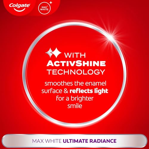 Colgate Max White Ultimate Radiance Whitening Toothpaste Deeply whitens with Active Oxygen Molecules for 10X Whiter Teeth*. *Stains Caused by Food & Drink vs Fluoride Toothpaste After 3 Days.