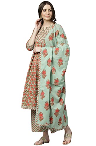 Image of Janasya Women's Light Green Cotton Kurta With Palazzo And Dupatta