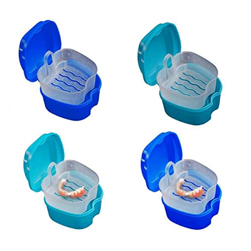 BelongsYou 4 PCS Denture Case, Denture Cup with Strainer, Denture Bath Box False Teeth Storage Box with Basket Net Container Holder for Travel, Retainer Cleaning (2X Light Blue and 2X Blue)