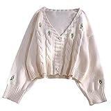 Collier: col en V UKKO Cardigan Femme Vintage Femmes Tirez Pull Femmel Broderie Cardigan Cardigan Pull-One Size,White
