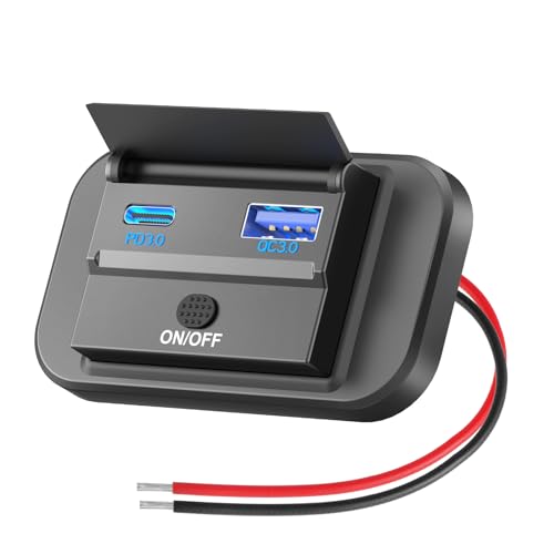 12V USB Outlet Surface Mount Lightweight PD USB C 30W and QC 3.0 18W Ports for Car, 12 Volt Cigarette Lighter Replacement Charger Socket Panel with Button Switch for RV Bus Marine Motorcycle