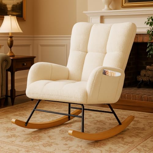 COMHOMA Nursery Rocking Chair, Teddy Upholstered Glider Rocking Chair with Side Pockets, Accent Chair with High Backrest Reading Chair for Adult, Nursery, Bedroom, Living Room,Offices(Beige) by COMHOMA - Used condition - US$105.29