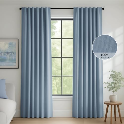 Image of FMFUNCTEX 100% Blackout Curtains for Bedroom, Slate Blue Curtain 108 Inches Long Drapery Thermal Insulated Curtains for Living Room, Black Out Drapes Rod Pocket Room Darkening 2 Panels