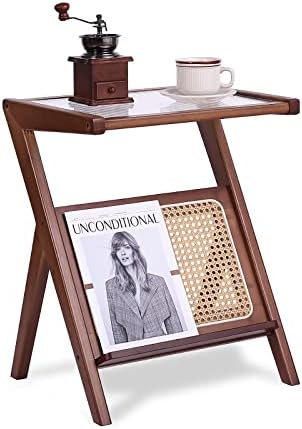 Tiita Rattan Nightstand Side Table, Bamboo Accent Bedside Tables, Glass Coffee Tables, Boho Wooden End Table with Storage for Small Space, Living Room and Bedroom