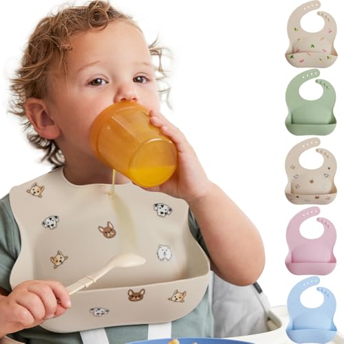MIGHTY MONKEY BPA Free Waterproof Silicone Feeding Bib, Baby and Toddler Adjustable Food Catcher, Dishwasher Safe Bibs, Eating Drinking Essentials for Boy, Girl, Drooling Teething Babies, Dog Print