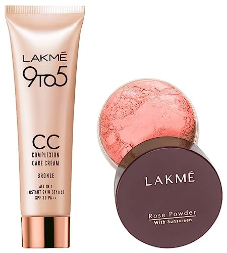 Image of LAKME Rose Natural Face Powder for Oily Skin Type, Warm Pink, 40G And Complexion Care Face Cream, Bronze, 9G