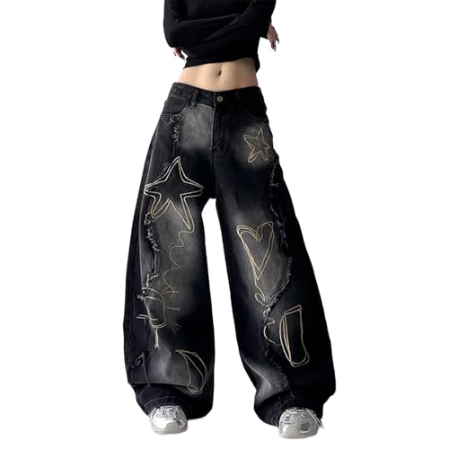 Jeans Holgados Mujer Hombre Hip Hop Gótico Calle Y2K Pantalón con Bordado Bolsillo Vintage Talle Alto Mezclilla Pierna Ancha Streetwear(Black,Small)