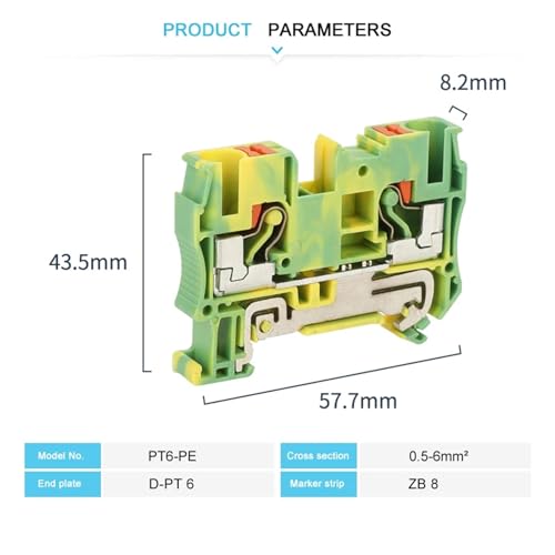 Conector eléctrico de cable tira tierra PT6-PE, bloque terminales carril Din 6mm² Push-in 2