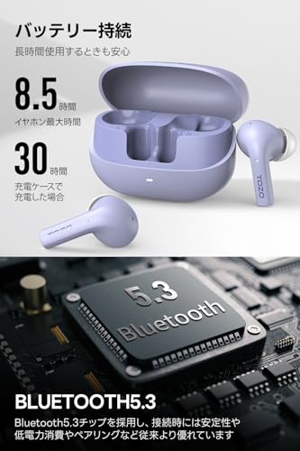 TOZO E2 イヤホン bluetooth ワイヤレスイヤホン 中低音域 暖色系音質 小型軽量 マイク付き 通話時ENC ノイズキャンセリング カスタムEQ「寒色系に変換可能」 アプリ対応 IPX5防水 最大約30時間の連続再生 ぶるーとゅーす イヤフォン USB-C充電 カナル型 スポーツ/通勤/通学/WEB会議（パープル