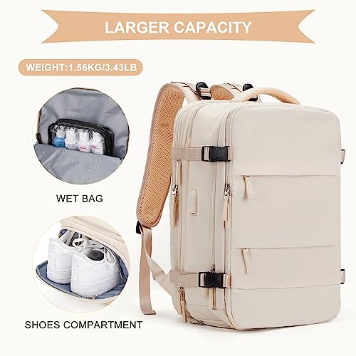 Image of coowoz Large Travel Backpack For Women Men, Carry On Backpack,Hiking Backpack Waterproof Outdoor Sports Rucksack Casual Daypack Expandable Heavy Duty Extra large Backpack Beige Expansion