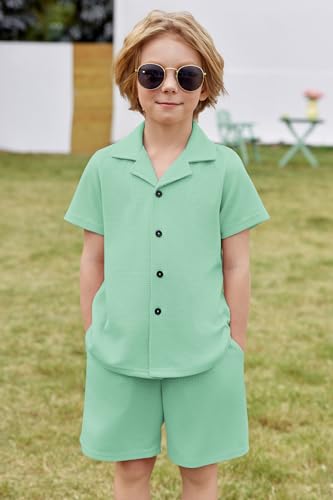 Image of Arshiner Toddler Boys 2 Piece Summer Outfits Waffle Knit Short Sleeve Button Down Shirt & Casual Shorts Sets Size 2-7