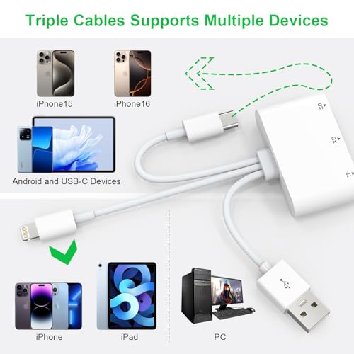 XD Card Reader, SD Card Reader for iPhone, 3 in 1 SD/TF/XD Card Reader Adapter for iPhone/USB C Device, Lightning+USB A+USB C XD Picture Card Adapter for iPhone 16/15/14/15/iPad/PC/Android
