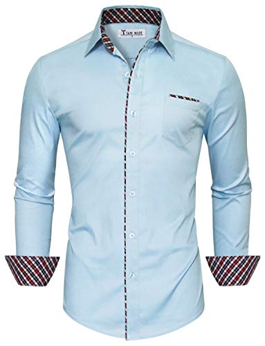 TAM WARE Mens Fashion Casual Inner Plaid Long Sleeve Button Down Shirt TWNMS310A-310B-SKYBLUE-XL