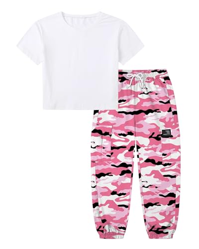 Image of Betusline Girls Fall Winter Clothing Sets, Long Sleeve Crop Top & Cargo Jogger Pants 2 Piece Outfit Sets,4T-14Y