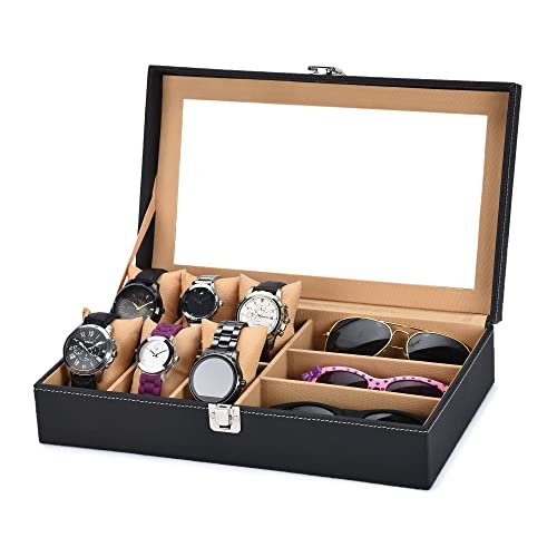 STORESHINE Mens Womens 6 Slots Watch Box Organizer & 3 Slot for sunglasses PU Leather Wrist Watches Acrylic Display Case Storage Box in Black and Beige Color (B0BYX3N34D) Amazon Price History, Amazon Price Tracker