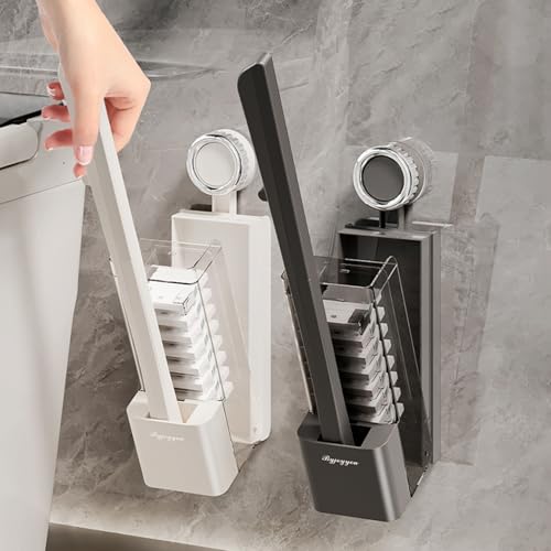 Image of Disposable Toilet Brush with Replaceable Heads, Wall-Mounted Holder, Hygienic Bathroom Cleaning Tool (WhiteToilet Brush + 8 Refills)