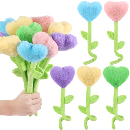 10 Pcs Plush Heart Floral Stuffed Bendable Stems Plush Bouquet Toy Soft Rose Flower 12.6 Inch for Christmas Classroom 2025 Mother's Day Valentines Day...