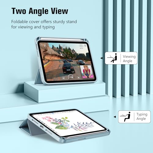 ProCase iPad Mini A17 Pro 第7世代 (2024発売) Mini6 第6世代 (2021発売) ケース 8.3インチ ペンホルダー付き オートスリープ/ウェイク機能 耐衝撃 三つ折りスタンド 適用機種：iPad Mini A17 Pro 第7世代 2024、iPad Mini 6世代 2021 - スカイブルー