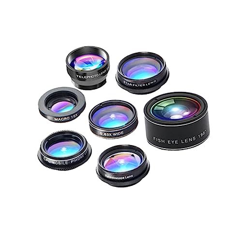 GRIRIW Kit Obiettivi per Smartphone 7 in 1 Fisheye 198° Macro 15X Grandangolare 0,63X Teleconvertitore 2X in Alluminio Accessori per Fotocamera Mobile e Telefono