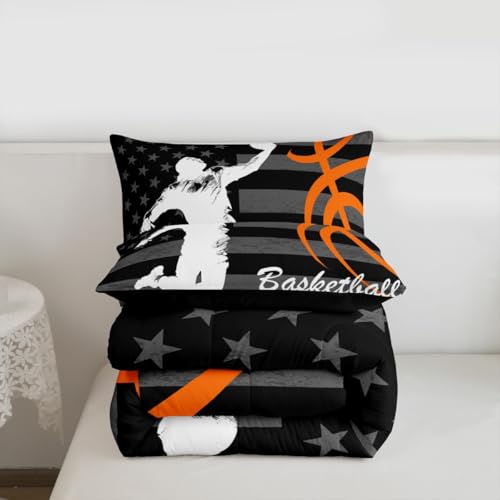 Image of Feelyou Basketball Player Comforter Set Full Size American Flag Bedding Set for Kids Boys Girls Gaming Sports Duvet Quilt Bedroom Decor Microfiber 3 Pcs with 2 Pillow Cases