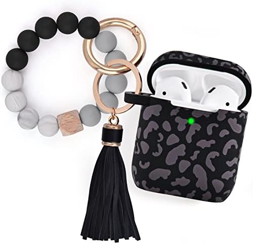 Filoto Airpods Case, Cute Apple Airpod 1&2 Cover for Women Girls, Silicone Protective Case with Bracelet Keychain (Leopard Black)
