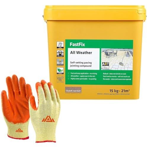 Fast Fix All Weather-Ready to Use Self-Setting Paving Jointing Compound for Any Weather Suitable for Stones Setts Paving Block and Footpaths 15kg - 21 sq.m Dark Buff with Free Gloves