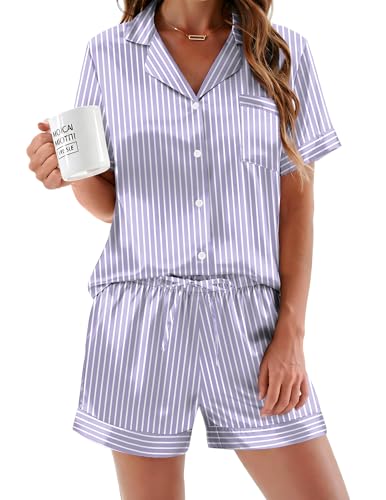 Image of Ekouaer Silk Pajamas for Women Button Down Sleepwear 2 Piece Pjs Shorts Set | Classic Short Sleeve Notch Neck Lounge Set with Pockets,Soft Cute Pj Set,Bridal Gifts,Pajama Party,Maternity Outfits