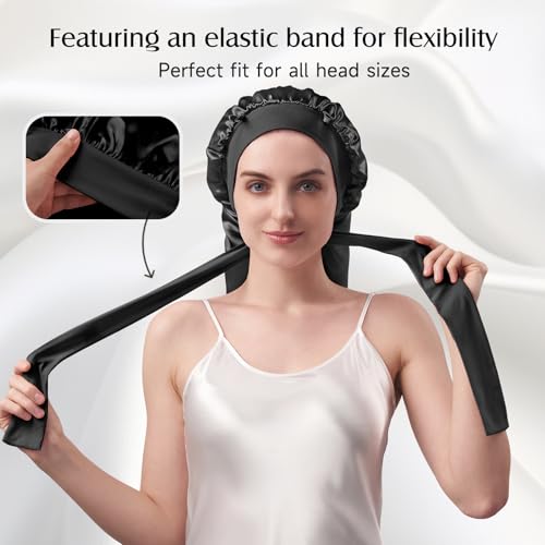 YFONG 22 Momme 100% Mulberry Silk Bonnet for Sleeping Women Long Hair, Large Long Double-Layered Reversible Silk Sleep Cap with Elastic Tie Band, Hair Wrap for Braids Curly Hair Care, 1Pc, Black
