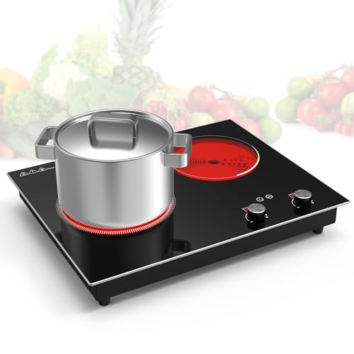 Image of VBGK Electric Cooktop,2100W Built-in & Countertop 2 Burner Electric Cooktop,Electric Stove Top with10 Heating Level, Timer & Kid Safety Lock, LED Knob Touch Control Electric Burner with Plug