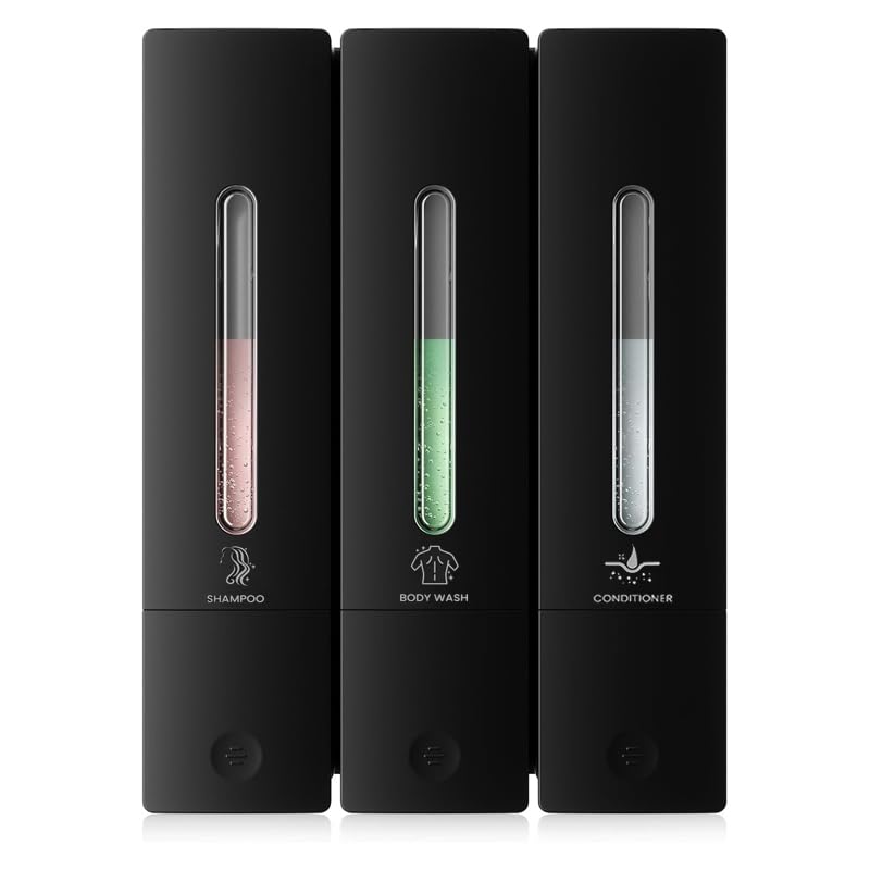 Raddile Shampoo and Conditioner Dispenser Wall Mounted No Drill Shampoo Dispensers for Shower Shower Gel Dispenser for Bathroom Hotel (3 Chamber-Matte Black)