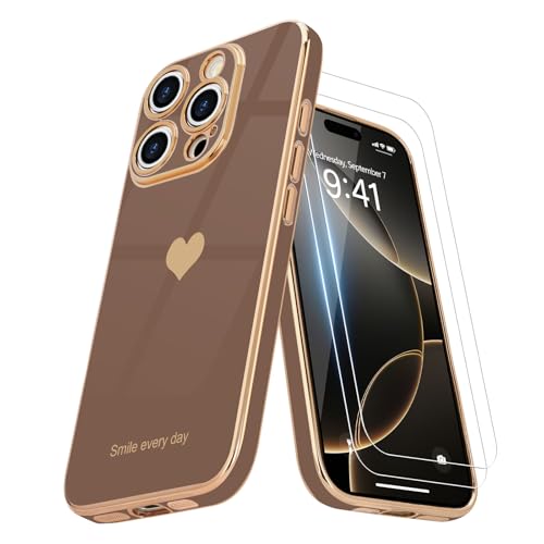 Teageo for iPhone 16 Plus Case with Screen Protector [2 Pack] for Girl Women Cute Girly Love-Heart Luxury Cover Camera Protection Silicone Shockproof Phone Case for iPhone 16 Plus Case, Desert Gold