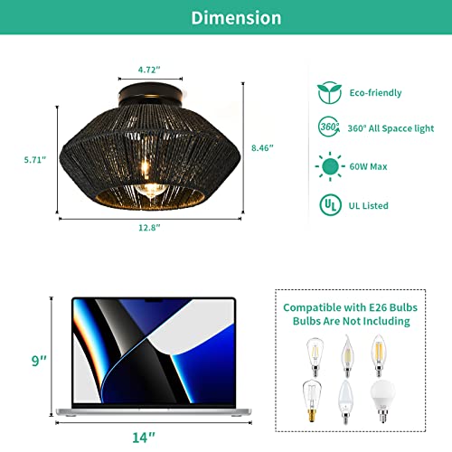 Black Rattan Flush Mount Ceiling Light Boho Wicker Light Fixtures Ceiling Hand Woven Cage Shade Light Fixture Black Mini Rattan Chandelier With Brush Paint Finish For Bedroom Entryway Nursery Hallway #TOP3