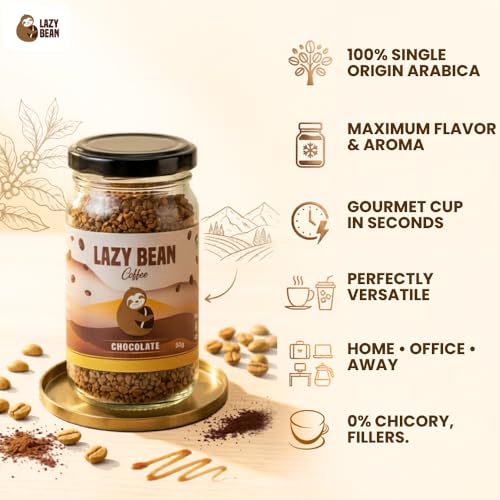 Image of Lazy Bean Intense Chocolate Flavoured - Premium Instant Coffee Powder 50 g | Strong Black Coffee, Rich Aroma, Quick-Dissolving Granules | Ready in Seconds for Hot or Iced Brews at Home, Office, Travel