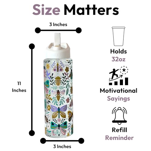 Biddlebee 32oz. Hydration Tracker Water Bottles with Times To Drink | Big Motivational Water Bottle with Time Marker, Straw Lid, & Measurements | BPA-Free (Garden Insects)