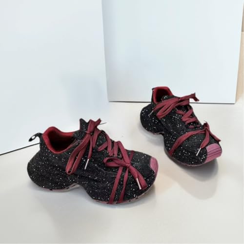 Women Chunky Sneakers, Full Rhinestone Dad Shoes, Thick Sole Height Increasing Bow Tie Straps Girls Shining Footwear2