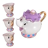 Juego de tetera de cerámica de La Bella y La Bestia (tetera y 3 tazas)