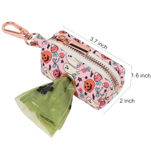 Image of ARING PET Halloween Dog Poop Bag Holder, Cotton Puppy Pink Pumpkin Ghost Waste Bag Dispenser Attach to Any Leashes, Portable Washable Pet Waste Pouch Holder with Two Rolls of Bags