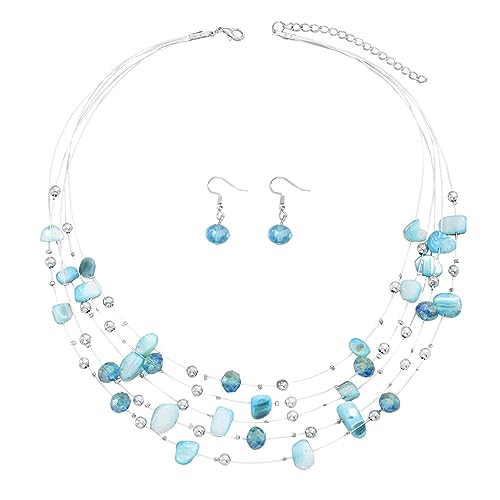 TOFBS Ensembles de Bijoux Collier de Perles en Coquillage de Chaîne en Couches Bohème et Boucles d'Oreilles Parure Bijoux de Mode (Bleu)