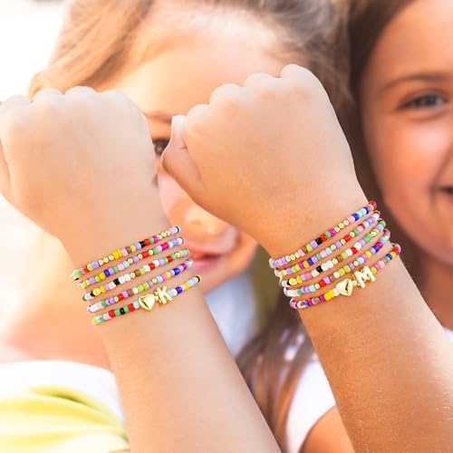 Image of M MOOHAM Gifts for Girls Kids - 5PCS Colorful Beaded Initial Bracelets for Girls, Cute Stretch Heart Letter Bracelet Initial Bracelet Jewelry for Kids Birthday Gifts for Girl