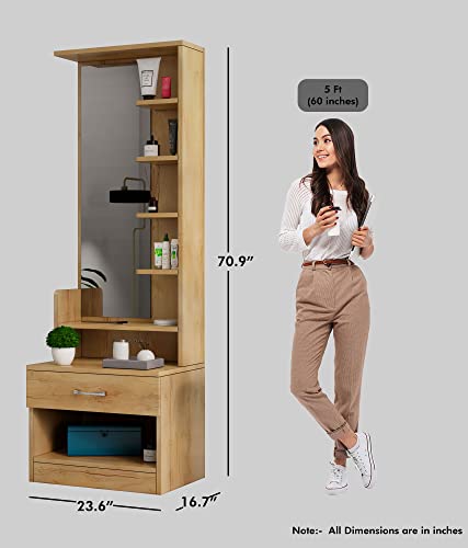Image of Bniture Wooden Dressing Table for Bedroom with 1 Drawer, Mirror and Huge Storage Space | Long Dresser Vanity Table with Mirror (42D x 60W x 180H CM) | 1 Year Warranty (Giant Wood, HXDR102)