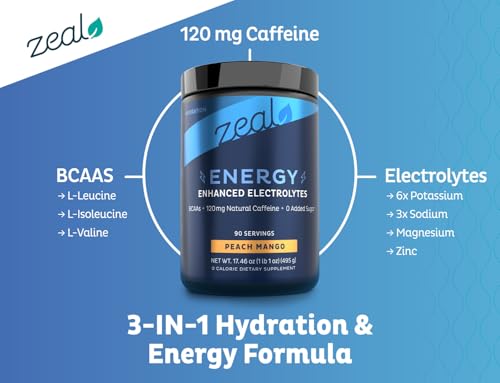 Image of Electrolytes Powder with Caffeine - Enhanced Keto Energy & Hydration Drink Mix - Zero Sugar Electrolyte Powder w BCAAs B-Vitamins Potassium Zinc Magnesium - (90 Servings | Peach Mango)