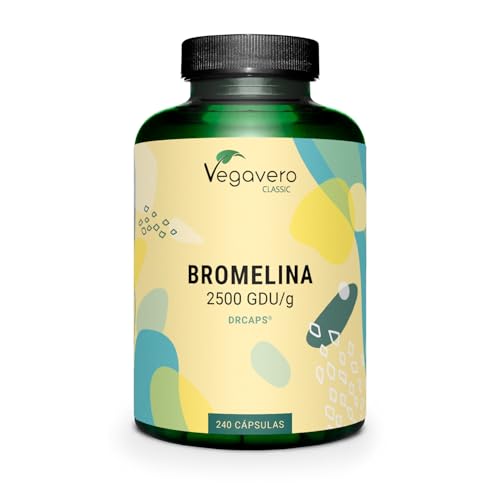 Bromelina Vegavero | ALTA DOSIS 2500 GDU | Enzimas Digestivas Potentes de Extracto de Piña | 240 Cápsulas Gastrorresistentes DrCaps | 100% Vegano & Sin Aditivos