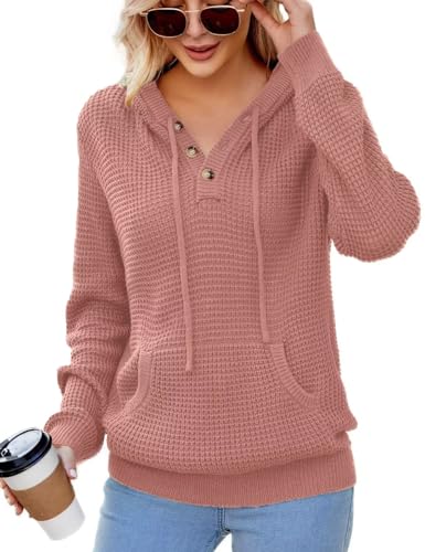 Image of CiCiBird Women Fall Hoodies Sweater Knit V Neck Tops Oversized Fashion Pullover Casual Long Sleeve Shirts with Pockets Pink L