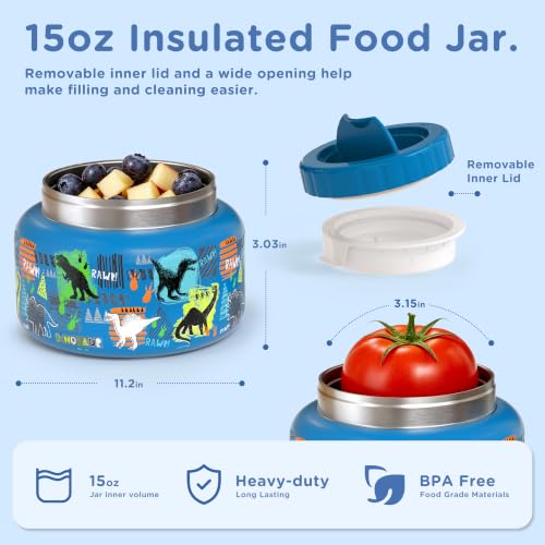 Image of MAISON HUIS 15oz Soup Thermo Wide Mouth Vacuum Insulated Stainless Steel Food Jar, Leak Proof for Hot&Cold Food Kids Lunch Container for School Travel (Blue-Dinosaur)
